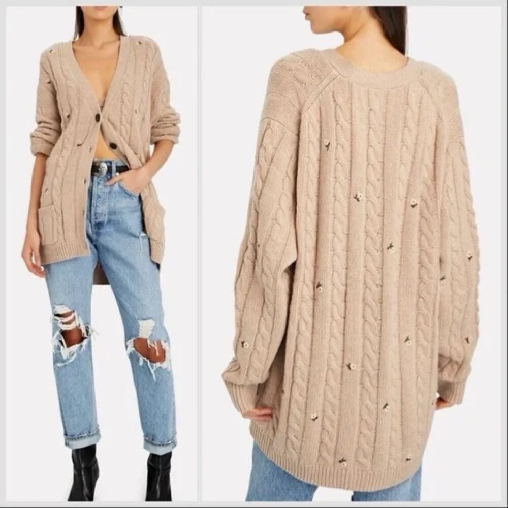 THE GREAT. Beige Cable Knit Embellished Cardigan